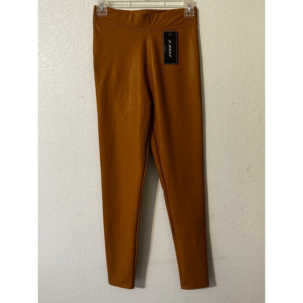C-Mode Faux‎ Leather Leggings Pants Brown Stretchy New with Tags Womens